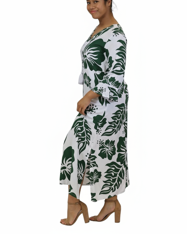 Rayon Long Dress-Green Hibiscus Print on White