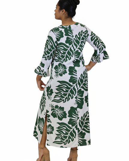 Rayon Long Dress-Green Hibiscus Print on White