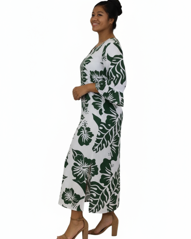 Rayon Long Dress-Green Hibiscus Print on White