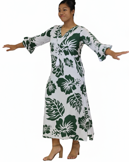 Rayon Long Dress-Green Hibiscus Print on White