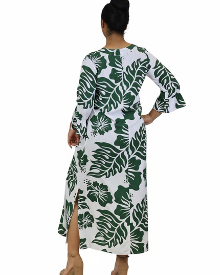 Rayon Long Dress-Green Hibiscus Print on White