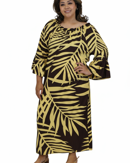 Tropical Fern Maxi Dress - Yellow & Dark Brown