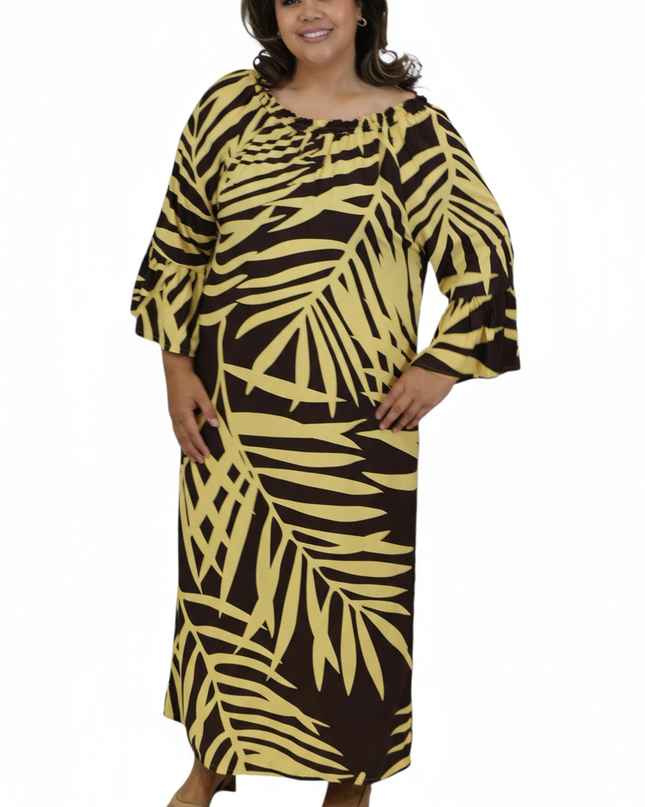 Tropical Fern Maxi Dress - Yellow & Dark Brown