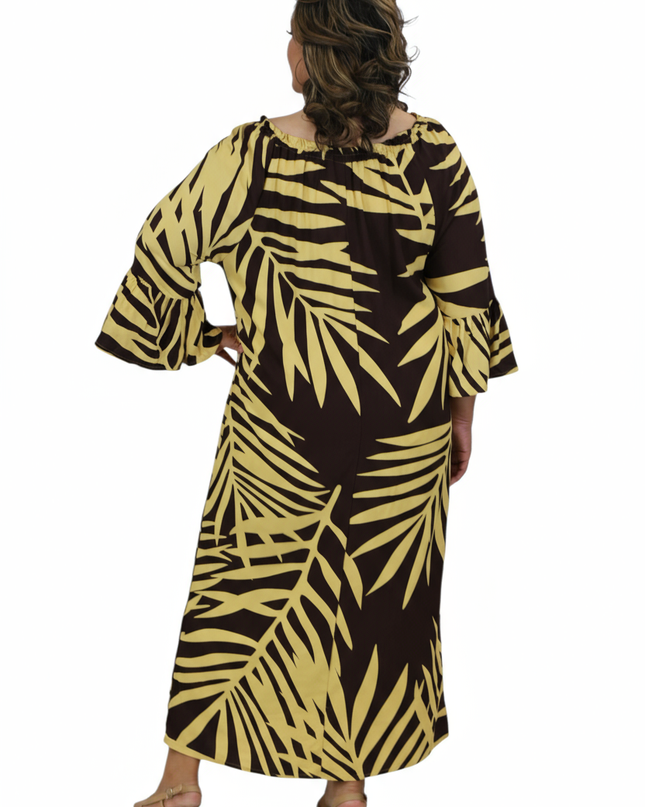 Tropical Fern Maxi Dress - Yellow & Dark Brown