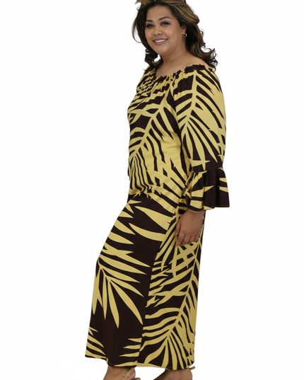 Tropical Fern Maxi Dress - Yellow & Dark Brown