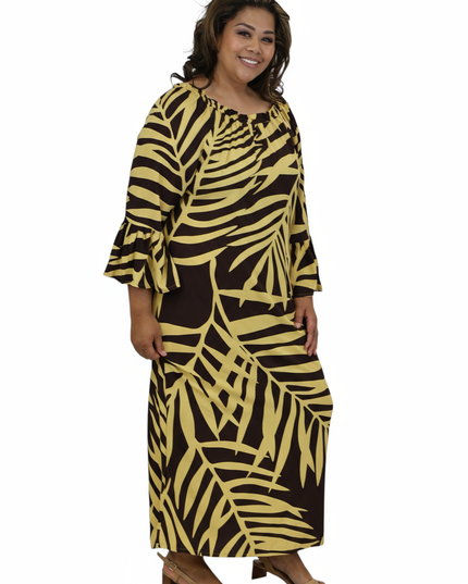 Tropical Fern Maxi Dress - Yellow & Dark Brown