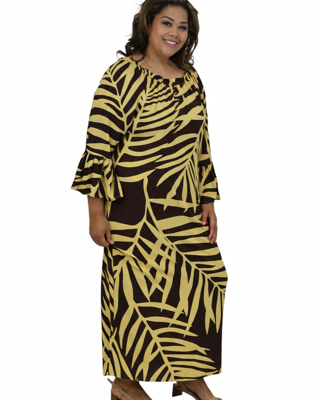 Tropical Fern Maxi Dress - Yellow & Dark Brown