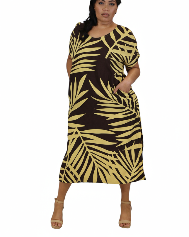 Rayon Maxi Dress - Yellow & Dark Brown Fern Print