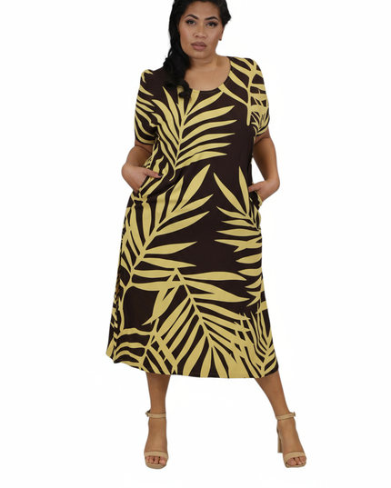 Rayon Maxi Dress - Yellow & Dark Brown Fern Print