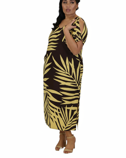 Rayon Maxi Dress - Yellow & Dark Brown Fern Print
