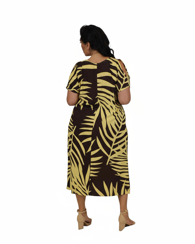 Rayon Maxi Dress - Yellow & Dark Brown Fern Print