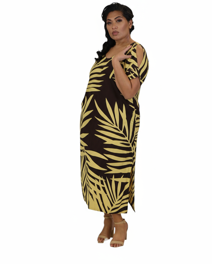 Rayon Maxi Dress - Yellow & Dark Brown Fern Print