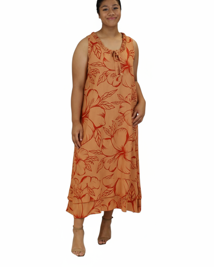 Island Bloom Maxi Dress - Orange & Red Hibiscus
