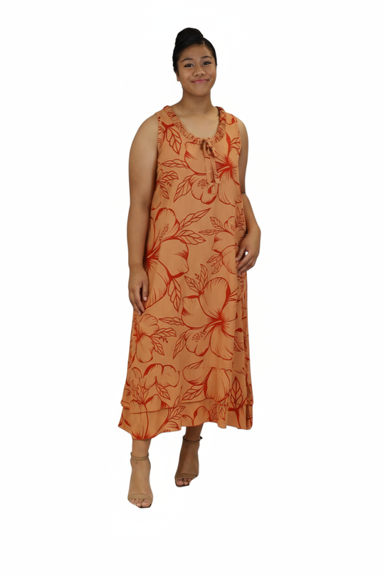 Island Bloom Maxi Dress - Orange & Red Hibiscus