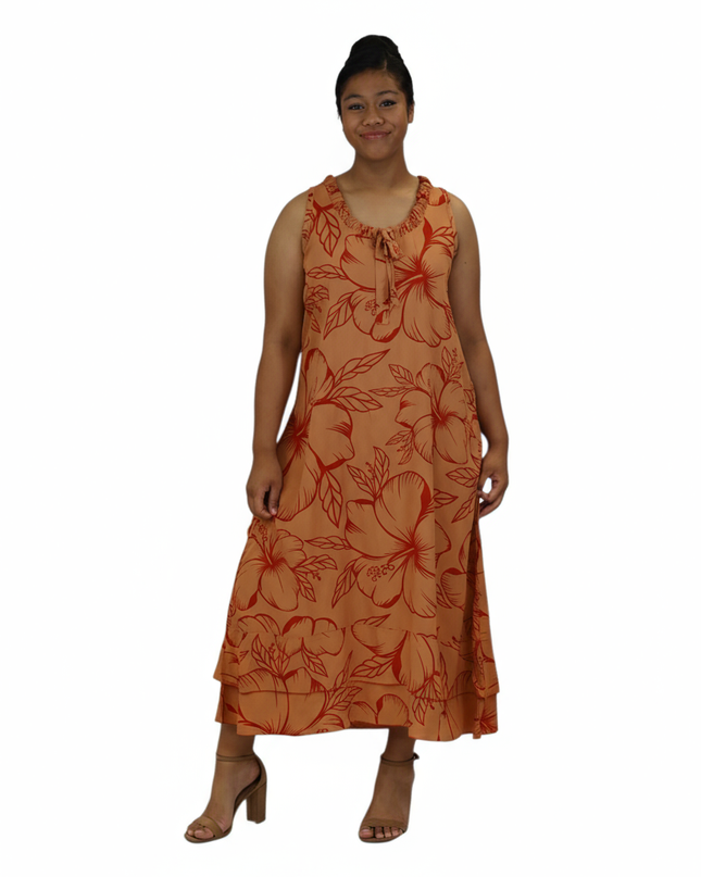 Island Bloom Maxi Dress - Orange & Red Hibiscus
