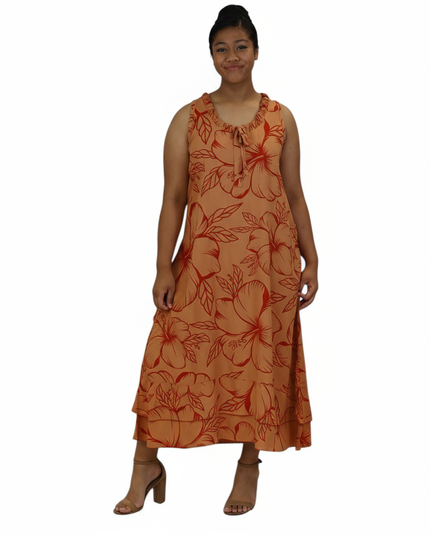 Island Bloom Maxi Dress - Orange & Red Hibiscus