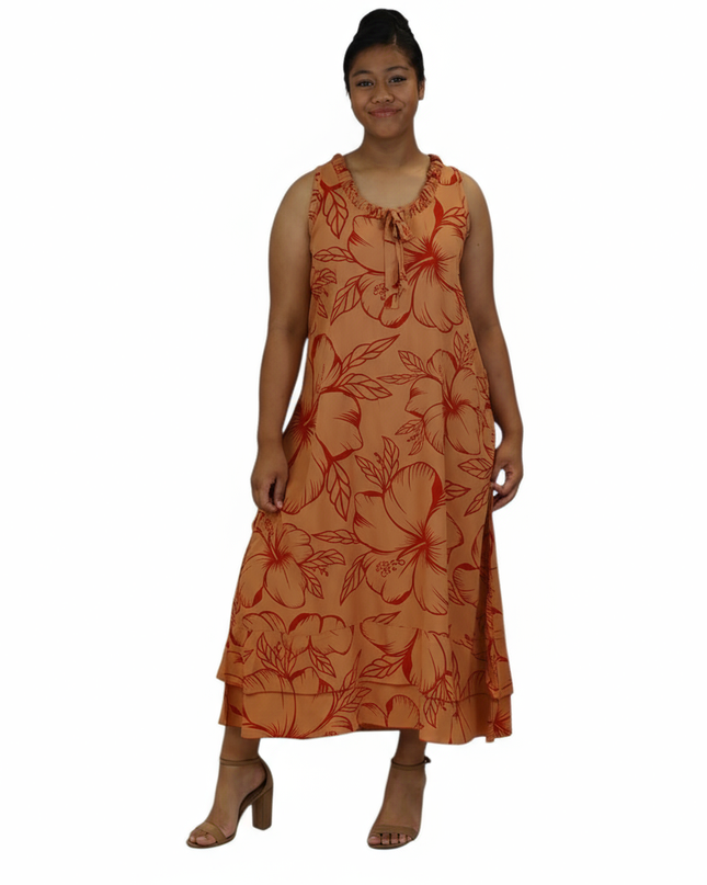 Island Bloom Maxi Dress - Orange & Red Hibiscus