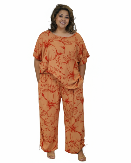 Two-Piece Hibiscus Lounge Set-Orange/Red