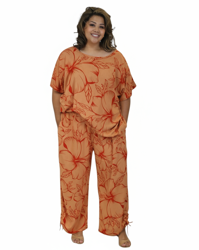 Two-Piece Hibiscus Lounge Set-Orange/Red