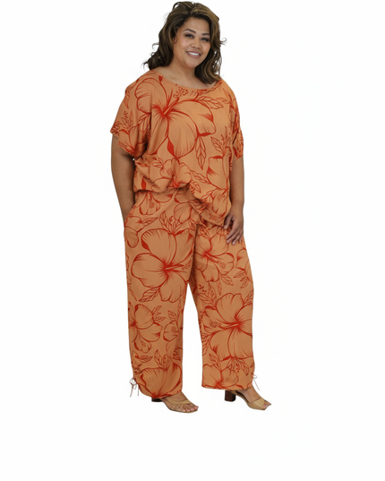 Two-Piece Hibiscus Lounge Set-Orange/Red