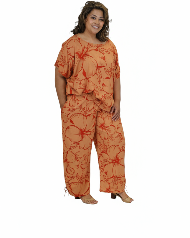Two-Piece Hibiscus Lounge Set-Orange/Red