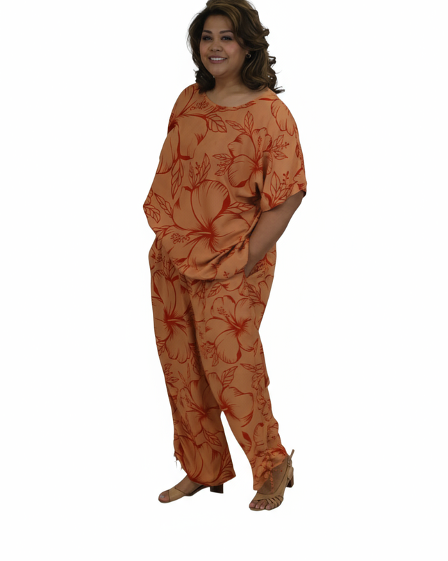 Two-Piece Hibiscus Lounge Set-Orange/Red