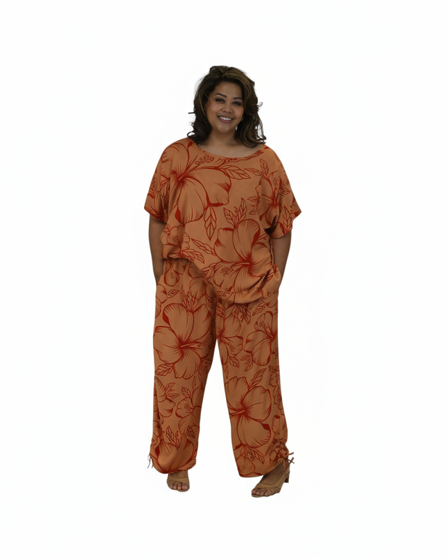 Two-Piece Hibiscus Lounge Set-Orange/Red