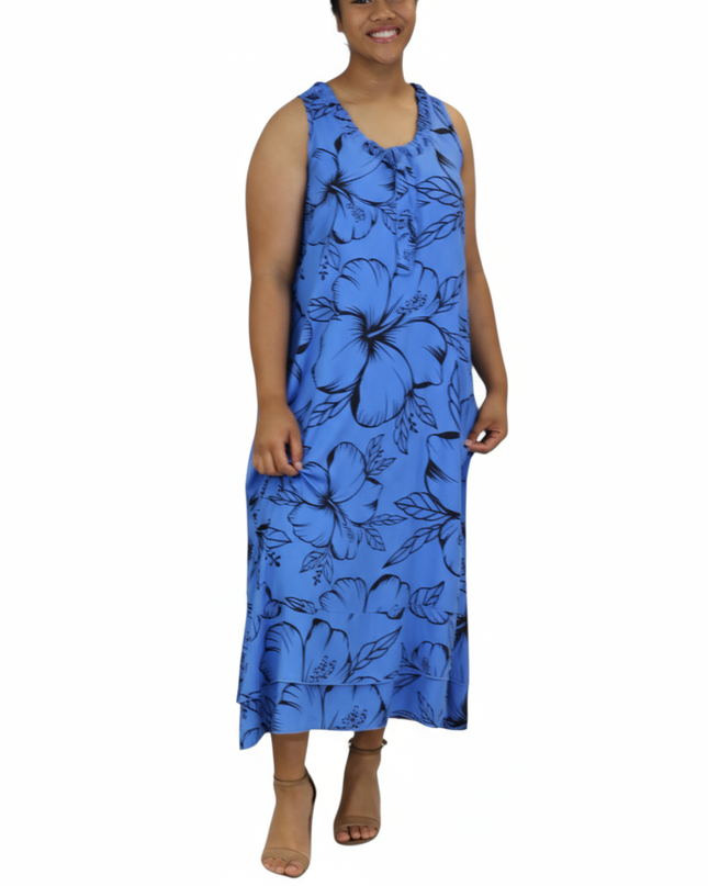 Blue Hibiscus Sleeveless Maxi Dress