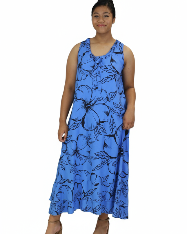 Blue Hibiscus Sleeveless Maxi Dress