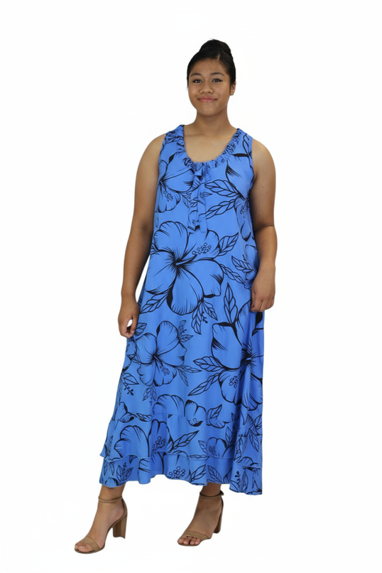 Blue Hibiscus Sleeveless Maxi Dress