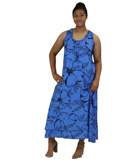 Blue Hibiscus Sleeveless Maxi Dress