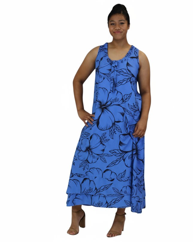 Blue Hibiscus Sleeveless Maxi Dress