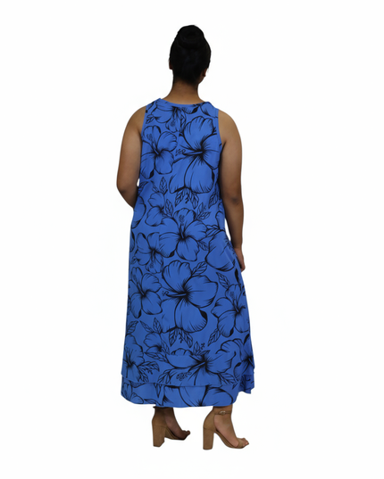 Blue Hibiscus Sleeveless Maxi Dress