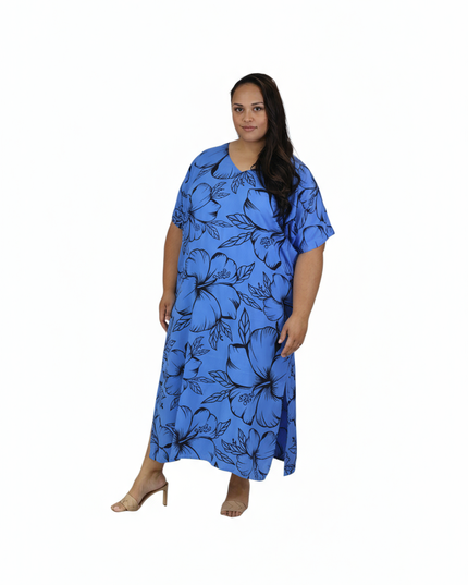 Blue Hibiscus V-Neck Kaftan Dress