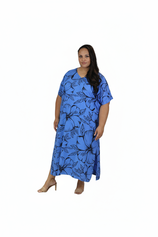 Blue Hibiscus V-Neck Kaftan Dress