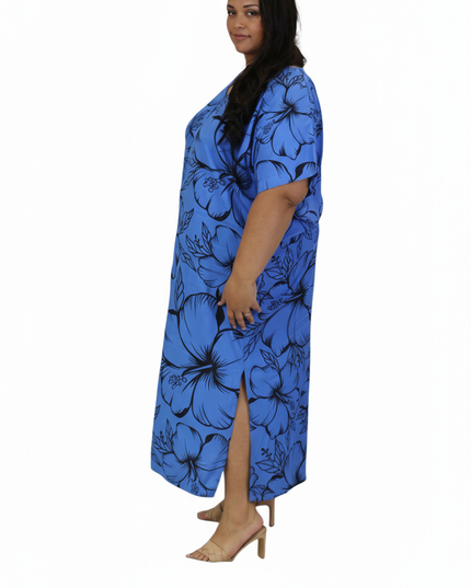 Blue Hibiscus V-Neck Kaftan Dress