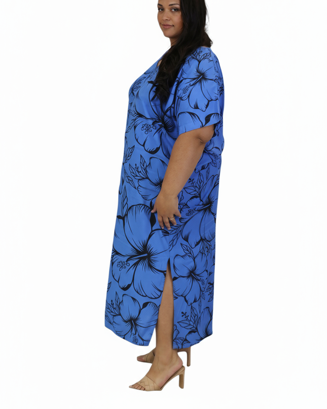 Blue Hibiscus V-Neck Kaftan Dress