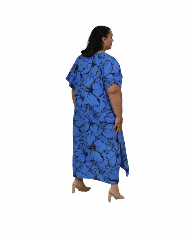 Blue Hibiscus V-Neck Kaftan Dress