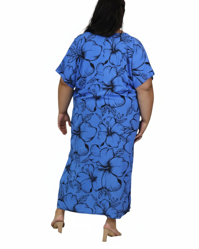 Blue Hibiscus V-Neck Kaftan Dress