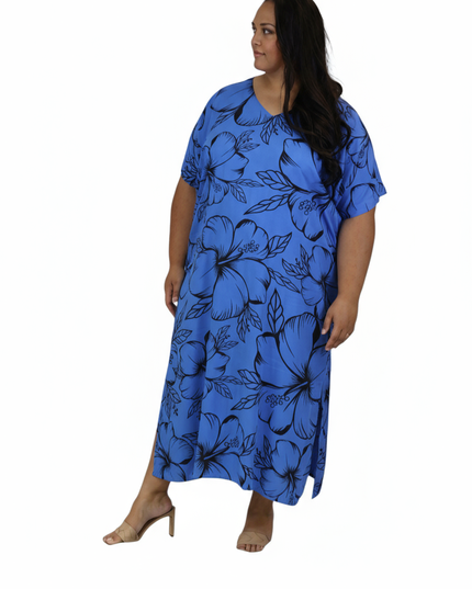 Blue Hibiscus V-Neck Kaftan Dress
