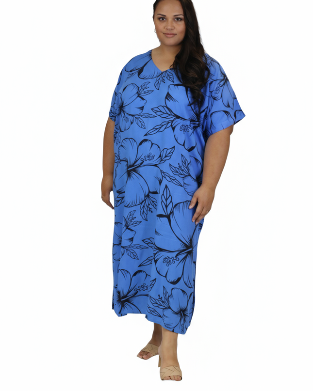 Blue Hibiscus V-Neck Kaftan Dress