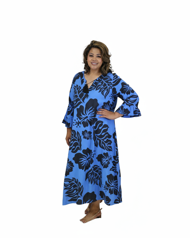 Blue Hibiscus Long Rayon Dress