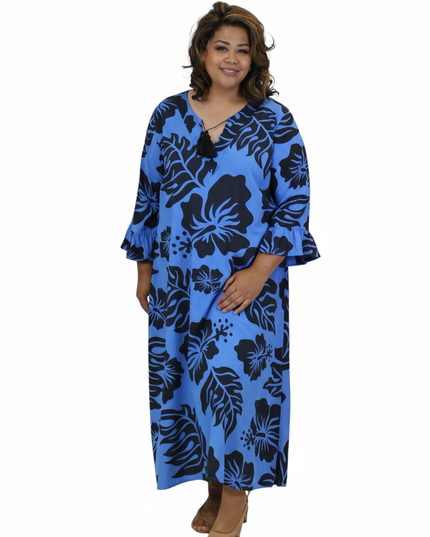 Blue Hibiscus Long Rayon Dress