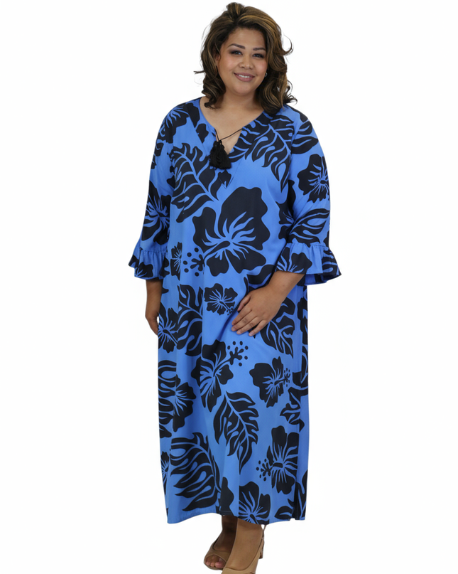 Blue Hibiscus Long Rayon Dress