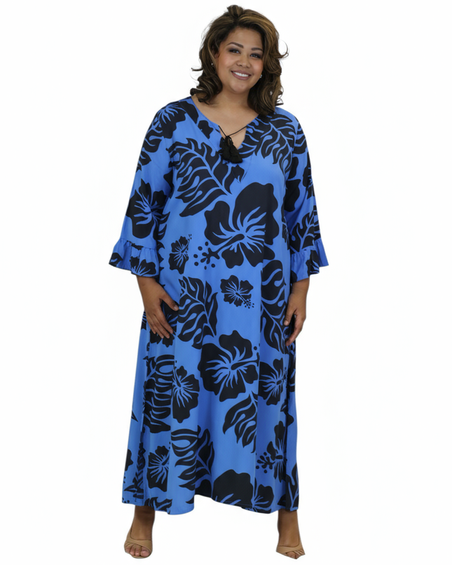 Blue Hibiscus Long Rayon Dress