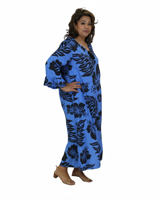 Blue Hibiscus Long Rayon Dress