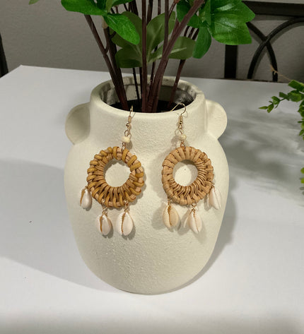 Coastal Rattan & Cowrie Shell Hoop Earrings