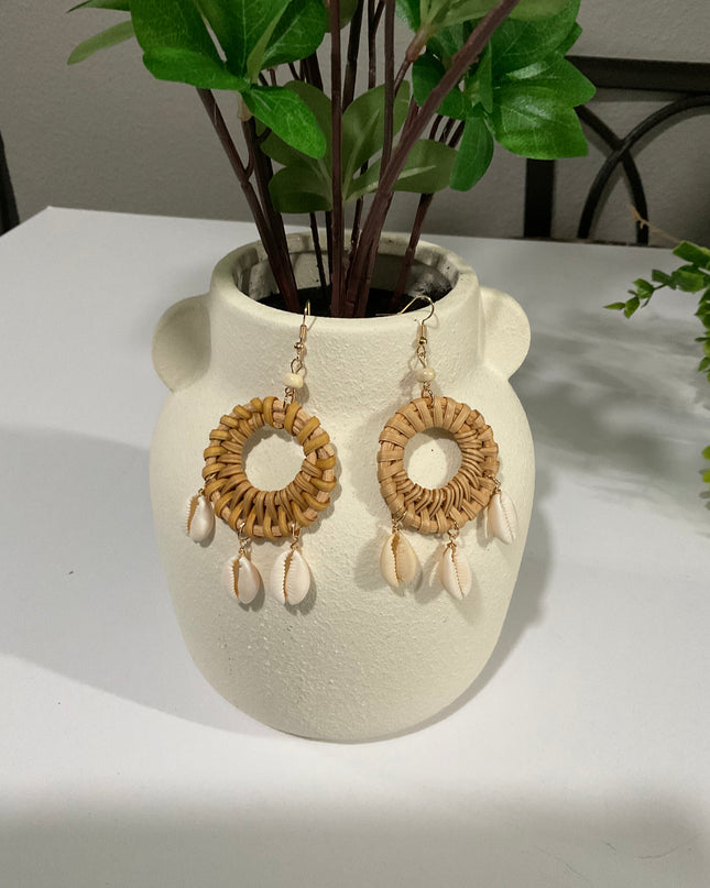 Coastal Rattan & Cowrie Shell Hoop Earrings