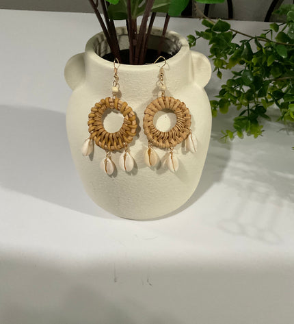 Coastal Rattan & Cowrie Shell Hoop Earrings