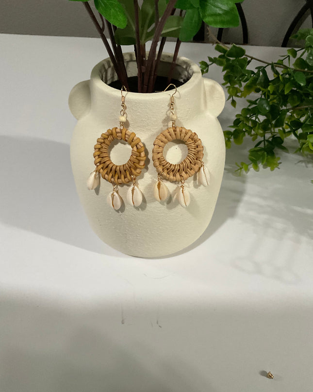 Coastal Rattan & Cowrie Shell Hoop Earrings